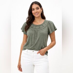 XL LOFT Sage Green Short Sleeve Top Flutter Sleeve Boho Crochet Bohemian